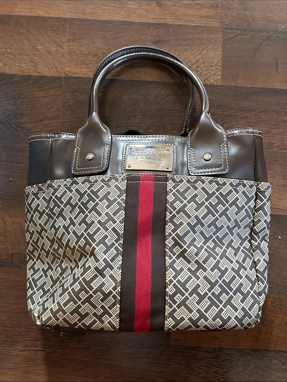 Brown Patterned Tote with Red Stripe - Designer Plaque Detail